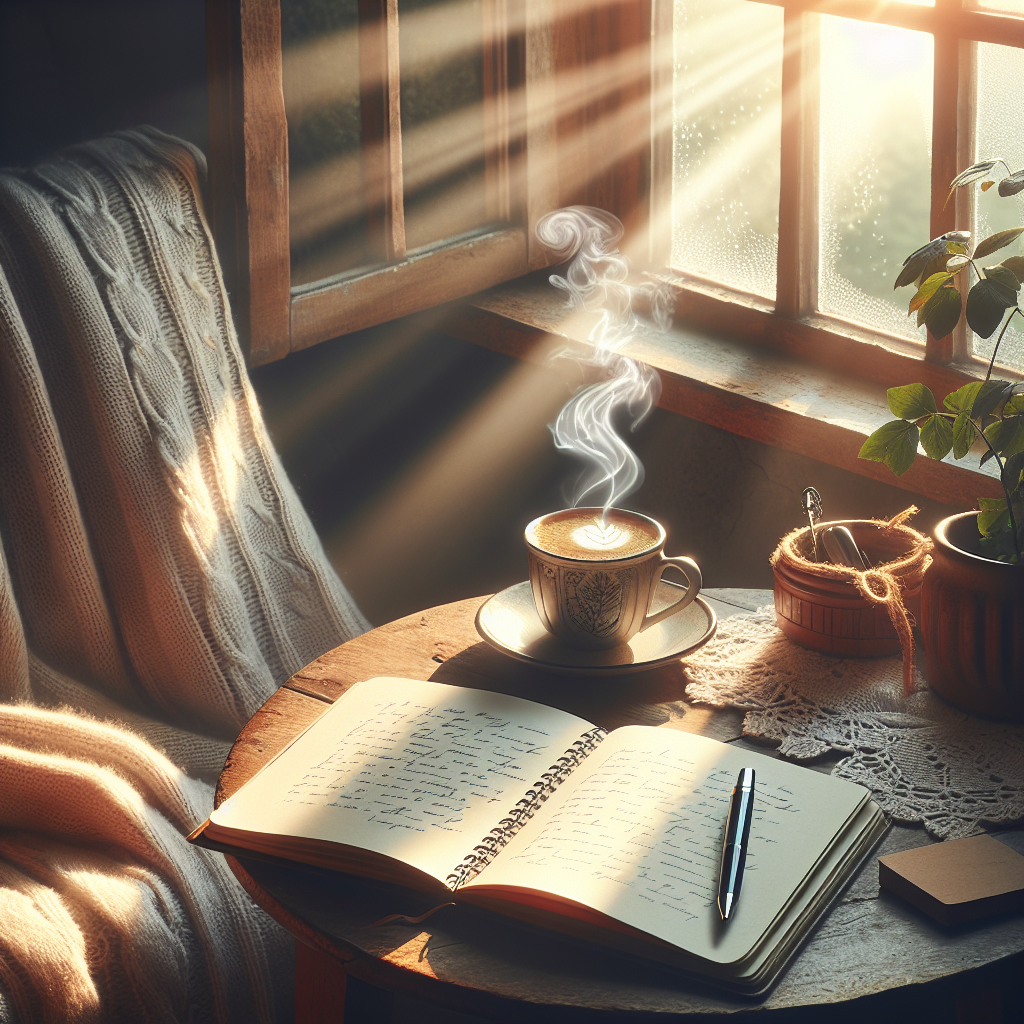 A serene morning scene with a cozy table by the window. On the table, an open notebook with handwritten pages, a steaming cup of coffee, and a pen set against a backdrop of soft morning light streaming in.
