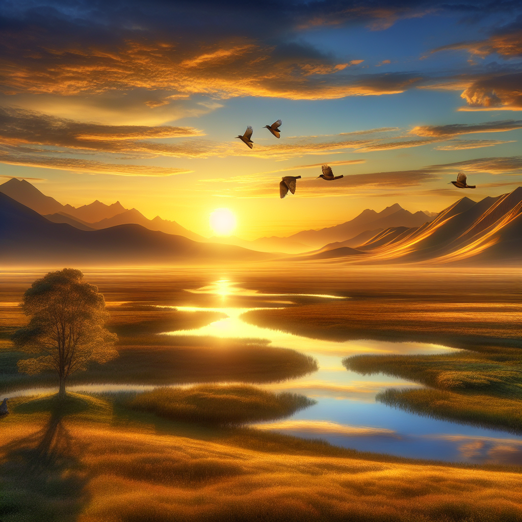 A serene sunrise over a tranquil landscape, symbolizing a fresh start and the beginning of an enlightening journey towards spiritual growth.