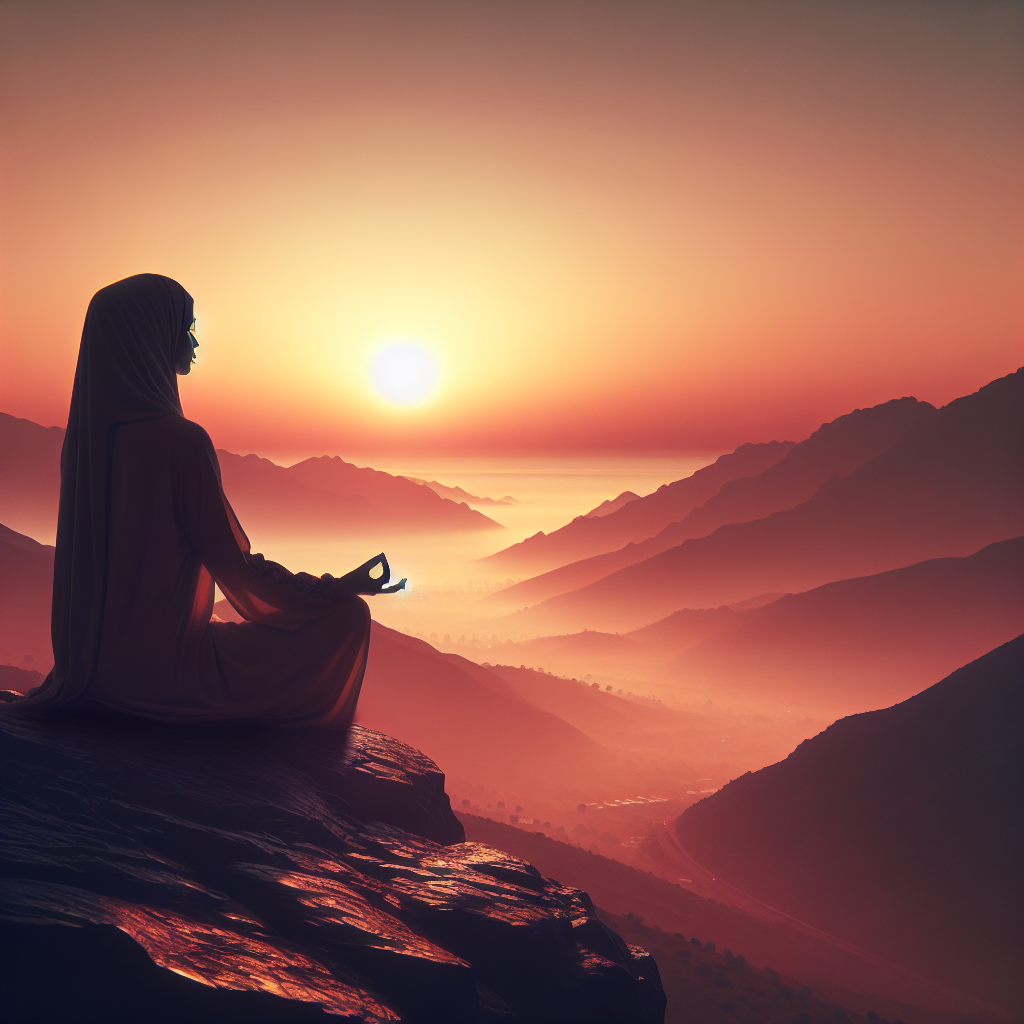 A serene scene featuring an individual meditating on a hilltop at sunrise. The soft, warm colors of the rising sun illuminate the landscape, symbolizing the alignment of one's actions with personal values and the quest for genuine well-being.