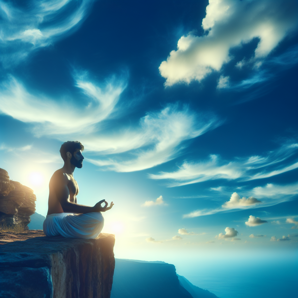 A serene landscape with a clear blue sky and a lone person meditating at the edge of a cliff. The person is in a state of deep meditation, symbolizing inner peace and spiritual elevation. Sunlight casts a warm glow, enhancing the calm and transformative atmosphere.