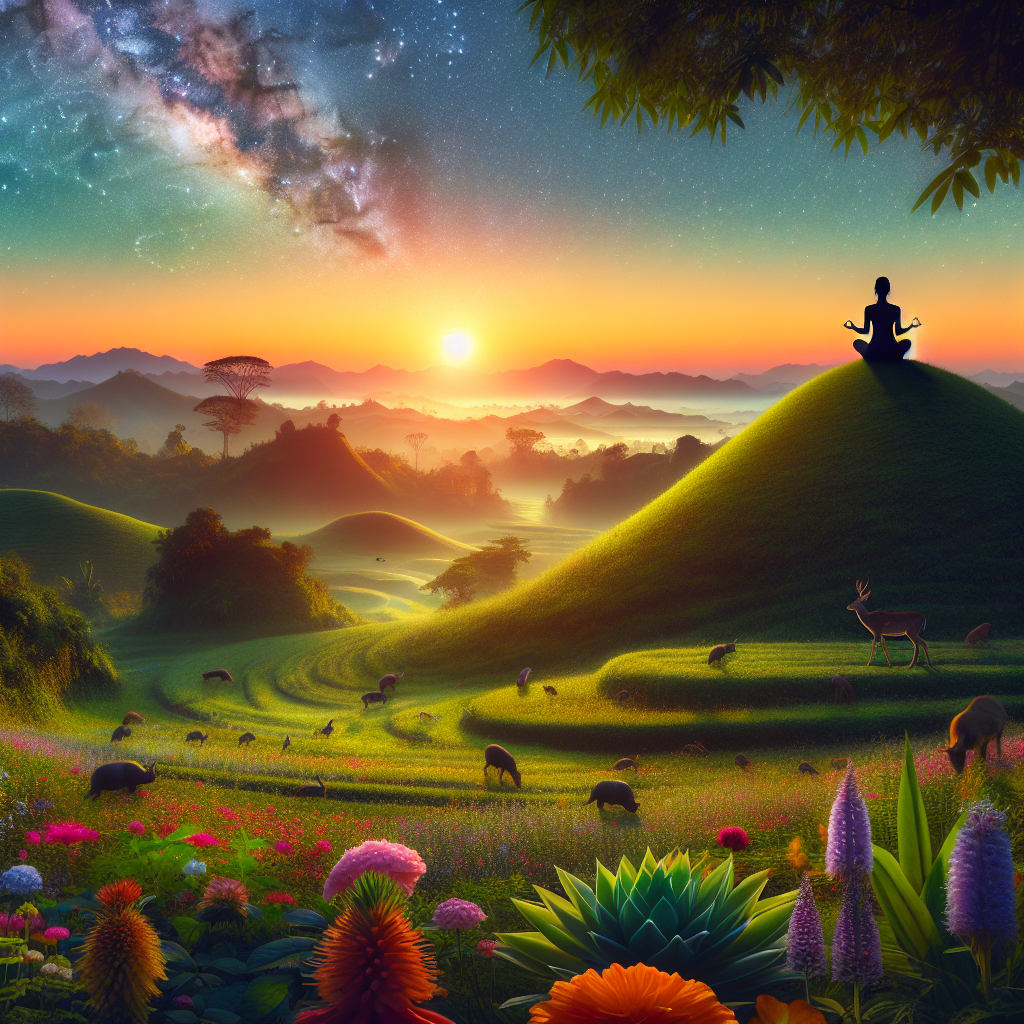 A serene, panoramic view of a lush natural landscape at sunrise, featuring a person meditating on a hilltop, surrounded by diverse wildlife and blooming flowers, symbolizing an intrinsic connection with the universe.