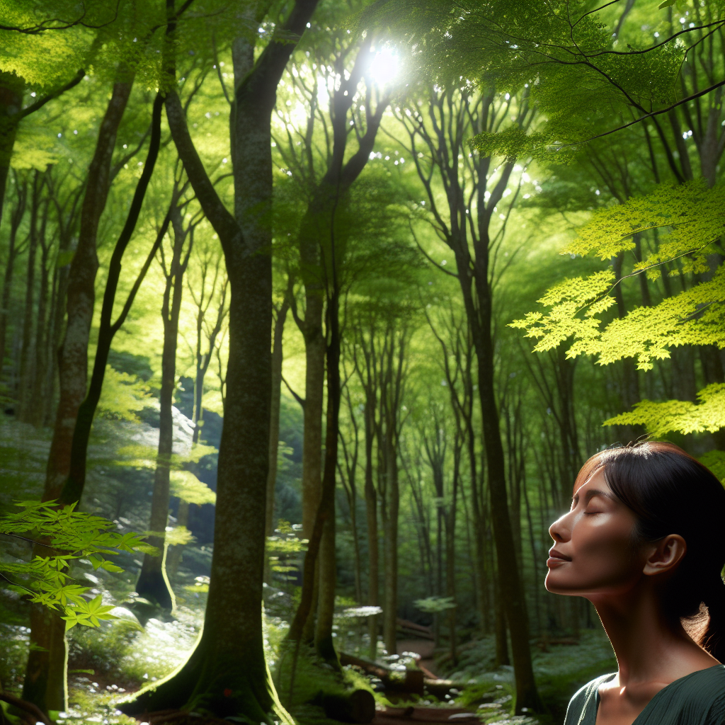 A serene forest scene featuring a dense canopy of lush green trees. Sunlight filters through the leaves, casting soft, dappled shadows on the forest floor. A person is seen walking slowly, deeply inhaling the fresh, earthy air. Their expression is one of peace and relaxation, embodying the essence of Shinrin-Yoku.