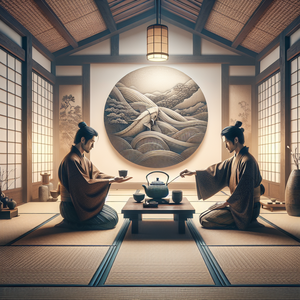 A serene Japanese tea room featuring a tatami mat, traditional tea set with a Chawan (tea bowl), Natsume (tea caddy), and Chasen (tea whisk). A tea master in a kimono performs the delicate ritual, embodying grace and precision. The ambiance is tranquil, emphasizing the harmony and purity inherent in the ceremony.