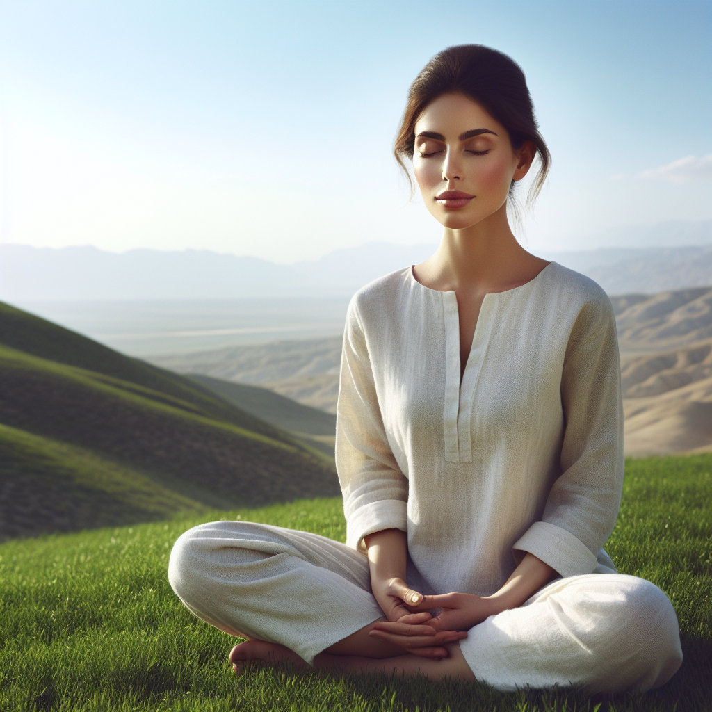 A serene image of a person sitting cross-legged on a grassy hill, eyes closed, with a peaceful expression. The backdrop features a clear blue sky and distant mountains, emphasizing tranquility and focus.