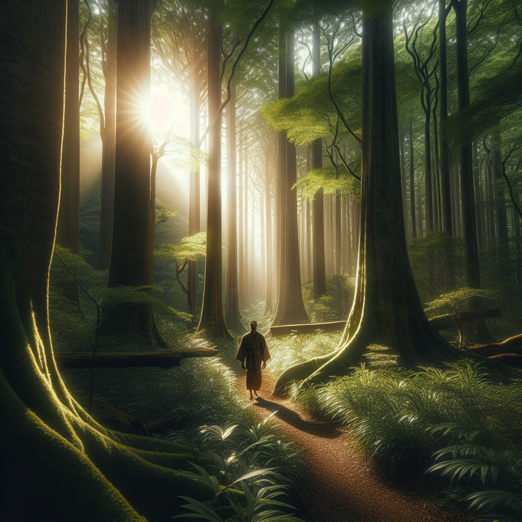 A tranquil scene of a dense forest with sunlight filtering through the branches. A person calmly walking along a wooded trail, surrounded by tall trees, with a gentle breeze rustling the leaves, capturing the serene essence of shinrin-yoku.