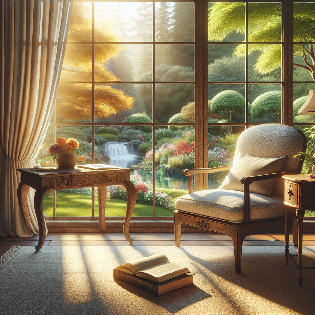 An inviting image of a cozy, tech-free space showing a serene corner with a comfortable chair, a book on mindfulness, and a window view of a peaceful garden. Sunlight streaming in creates an atmosphere of tranquility and reflection.