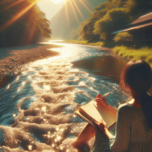 A serene image of a flowing river, with sunlight glistening on the surface, symbolizing the continuous, unrestricted flow of thoughts in stream of consciousness journaling. In the foreground, a person sits calmly by the riverbank, a journal and pen in hand, capturing their unfiltered thoughts amidst nature.