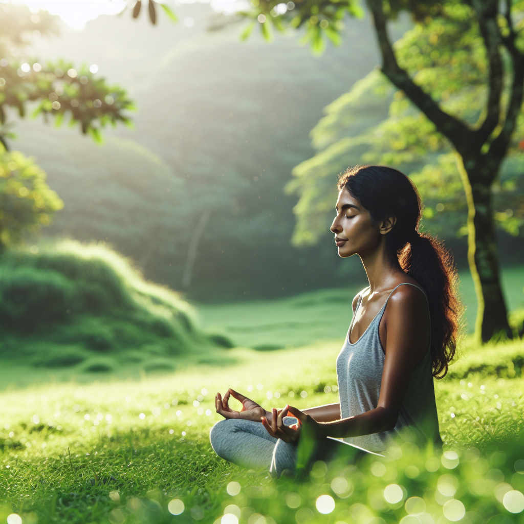 A serene image of a person sitting cross-legged on a grassy field, eyes gently closed, with a soft-focus background of lush greenery. Sunlight filters through leaves, casting dappled light and shadows, capturing the essence of tranquility and focused breathing.