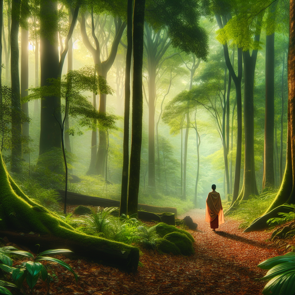 A serene forest scene bathed in soft morning light, with tall trees and vivid green foliage. The image captures the essence of nature's tranquility, inviting viewers to imagine themselves immersed in the calming embrace of a forest. A person is seen peacefully walking along a leafy path, embodying the meditative experience of reconnecting with nature.