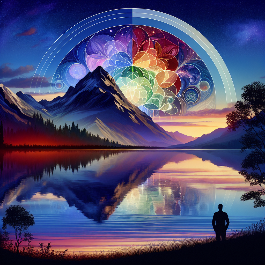 A serene image of a calm lake mirroring a picturesque mountain, symbolizing the subconscious mind's role as a reflective repository where habits are stored and mirrored in our daily actions.