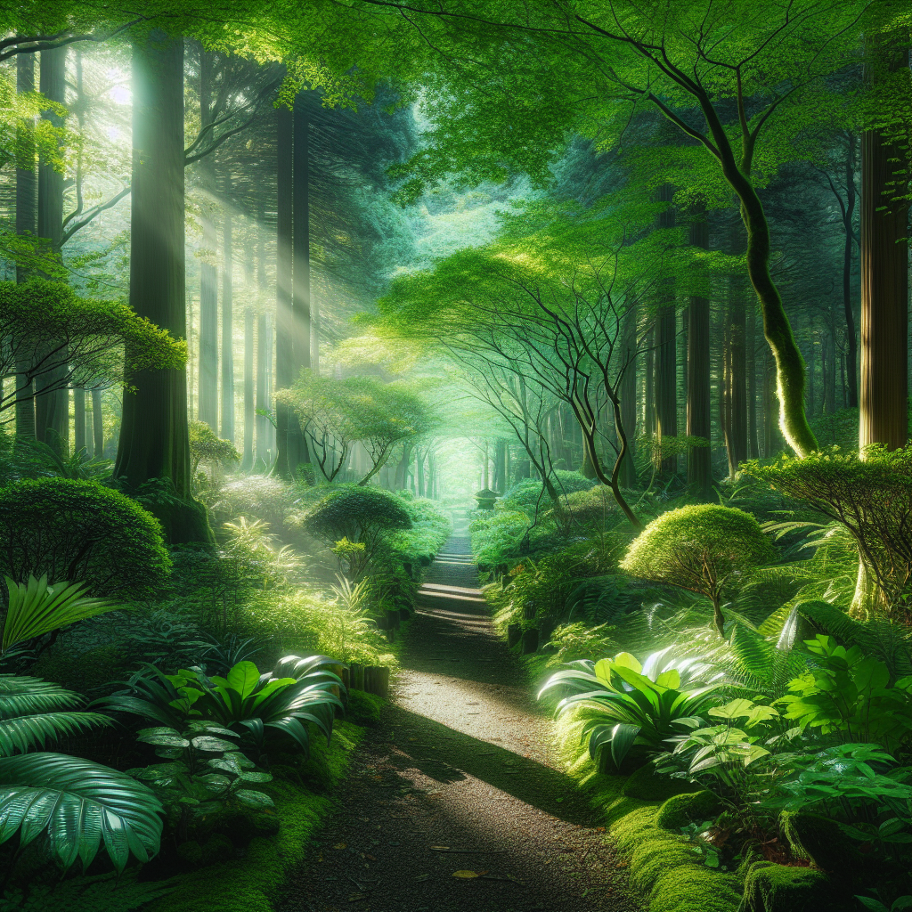 A tranquil forest path dappled with sunlight, with lush green trees all around. The scene invites the viewer to imagine themselves taking a slow, meditative walk, breathing in the fresh forest air, embodying the essence of Shinrin-yoku or forest bathing.