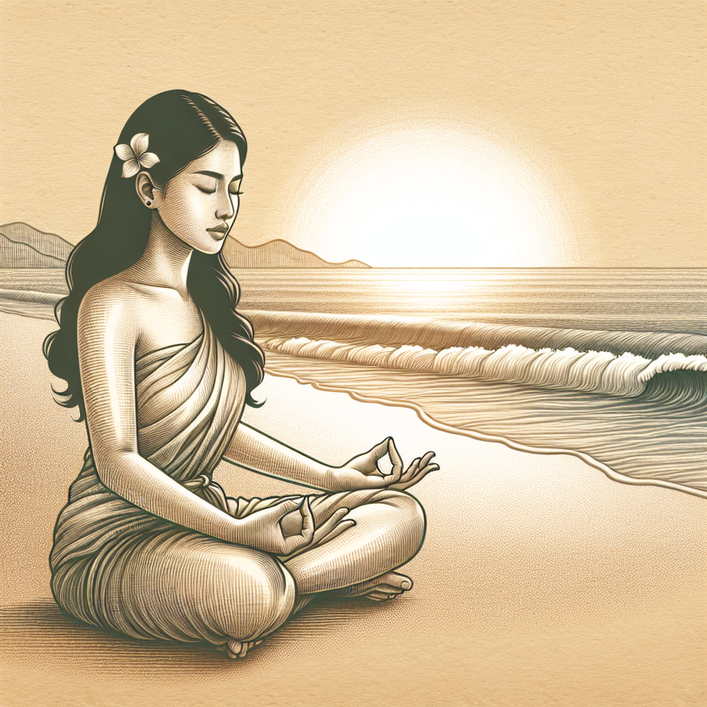 A tranquil scene of a person sitting cross-legged on a beach, eyes closed, with the gentle waves in the background. The soft glow of the sunrise adds warmth, symbolizing peace and new beginnings.