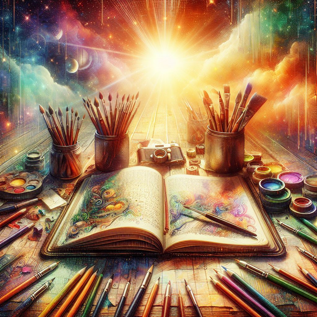 A vibrant and colorful image of an open journal surrounded by art supplies like colored pencils, paints, and brushes. The pages of the journal are filled with free-flowing doodles and creative writing, symbolizing the unleashing of one's creativity. Sunlight streaming in from a nearby window adds warmth and inspiration to the scene.