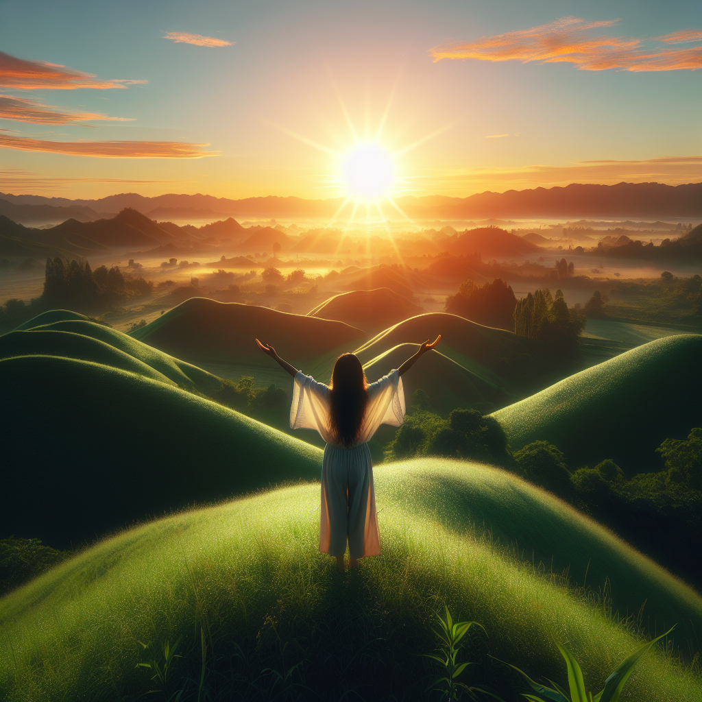 A serene image of a person standing on a lush, green hilltop at sunrise, arms open wide to embrace the sunlight, symbolizing openness to receiving life's abundance and intrinsic worth.