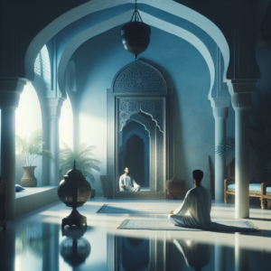 A serene, softly-lit room with a large antique mirror. A person sits cross-legged in front of the mirror, gazing into their reflection with a calm and contemplative expression. The ambiance is peaceful with shades of blue and white, suggesting tranquility and introspection.