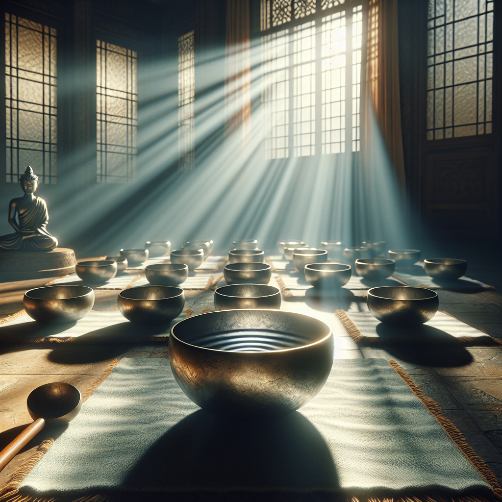 An atmospheric image of a serene meditation room with multiple Tibetan singing bowls placed on a soft mat. The room is softly lit, creating a tranquil and calming environment. Sunlight filters through a nearby window, casting gentle shadows on the bowls. One bowl is captured mid-resonance, with visible vibrations rippling through its metallic surface.