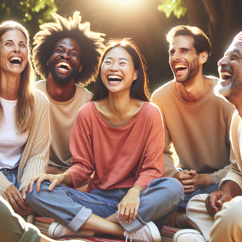 A vibrant group of people seated in a circle outdoors with wide smiles, laughing together joyfully, capturing the spirit of Laughter Yoga. Sunlight filters through the trees, casting a warm glow on their faces, symbolizing happiness and connection.