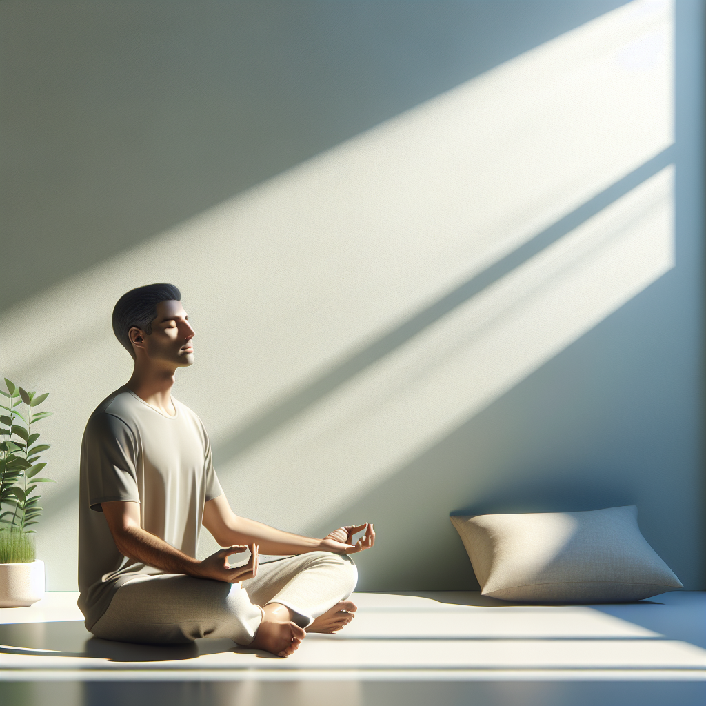 A tranquil scene of a person sitting cross-legged in a quiet corner of a minimalist room, eyes closed, focusing on deep breathing. Soft, natural light streams in through a window, casting gentle shadows on the walls, enhancing the mood of peace and centeredness. Green plants in the background add a touch of nature.