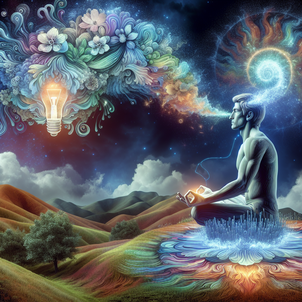 A vivid illustration of a person meditating on a tranquil hillside, surrounded by swirling colors and light that represent emerging creative ideas. The image conveys a sense of inspiration and mental clarity, reflecting the theme of creativity ignited by mindfulness.