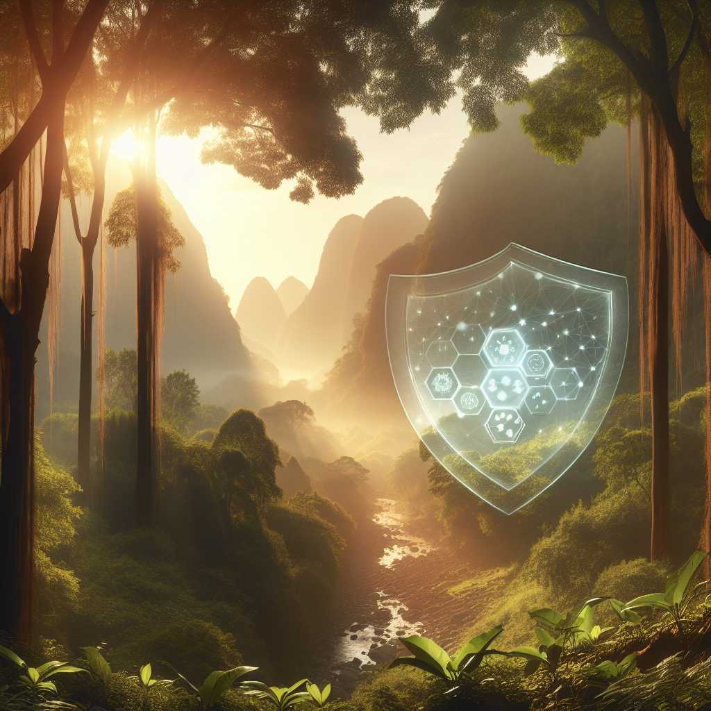 A serene landscape showing a forest bathed in morning sunlight, with a transparent overlay of a shield emitting a soft glow. This image portrays the idea of a fortified immune system, offering protection and health, with nature symbolizing natural resilience and vitality.