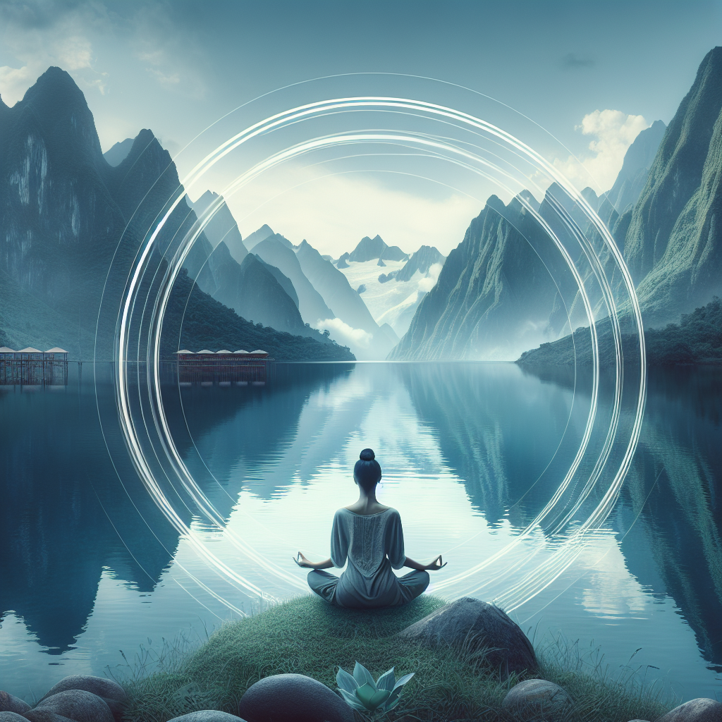 A tranquil scene of a person meditating at the edge of a calm lake, surrounded by mountains, with their reflection mirrored in the still water. This image captures the essence of breaking free from negative thought loops and finding clarity through mindfulness.