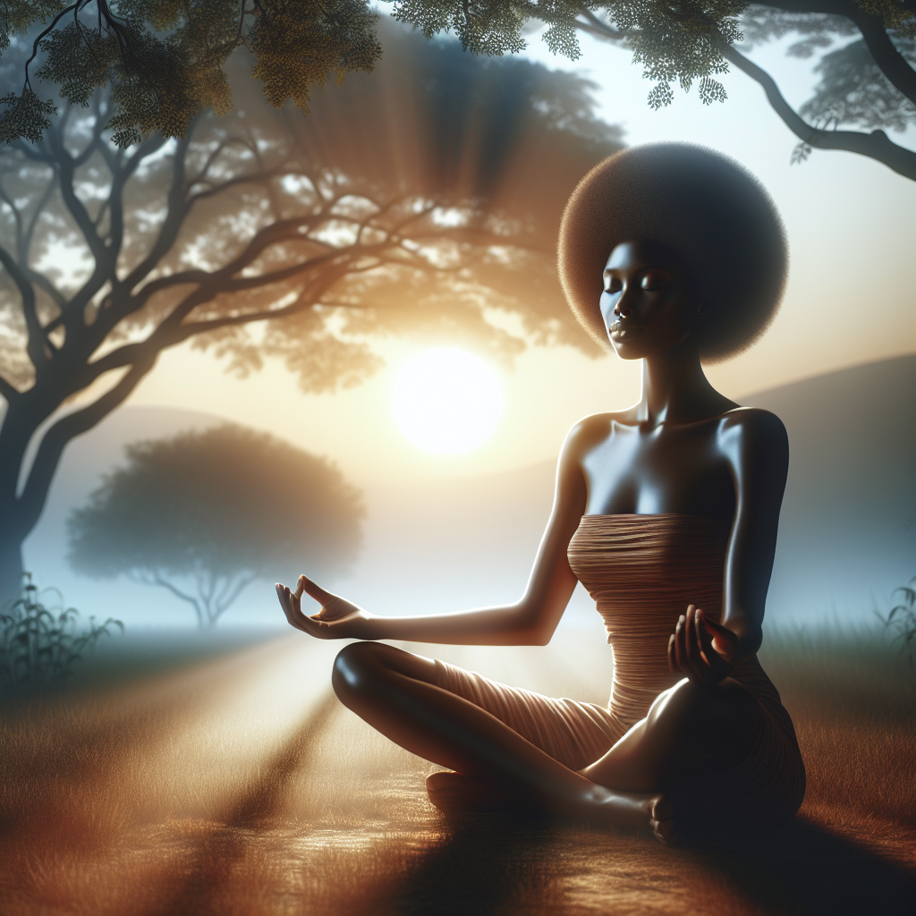 A serene image of a person sitting cross-legged in a peaceful outdoor setting at dawn, eyes closed, with a gentle sunbeam filtering through trees in the background. The focus is on the person's relaxed posture and unfurrowed brow, symbolizing tranquility and focus.