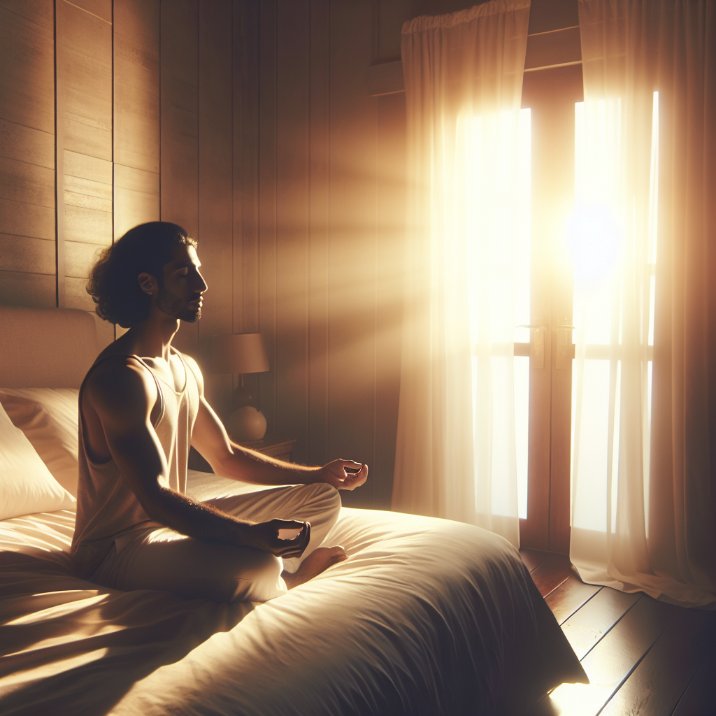 A serene bedroom bathed in early morning light, showcasing a person sitting cross-legged on their bed, eyes gently closed. They are enveloped in a peaceful, soft glow, depicting calmness. Beside them rests an open window through which a gentle breeze stirs delicate curtains, symbolizing new beginnings.