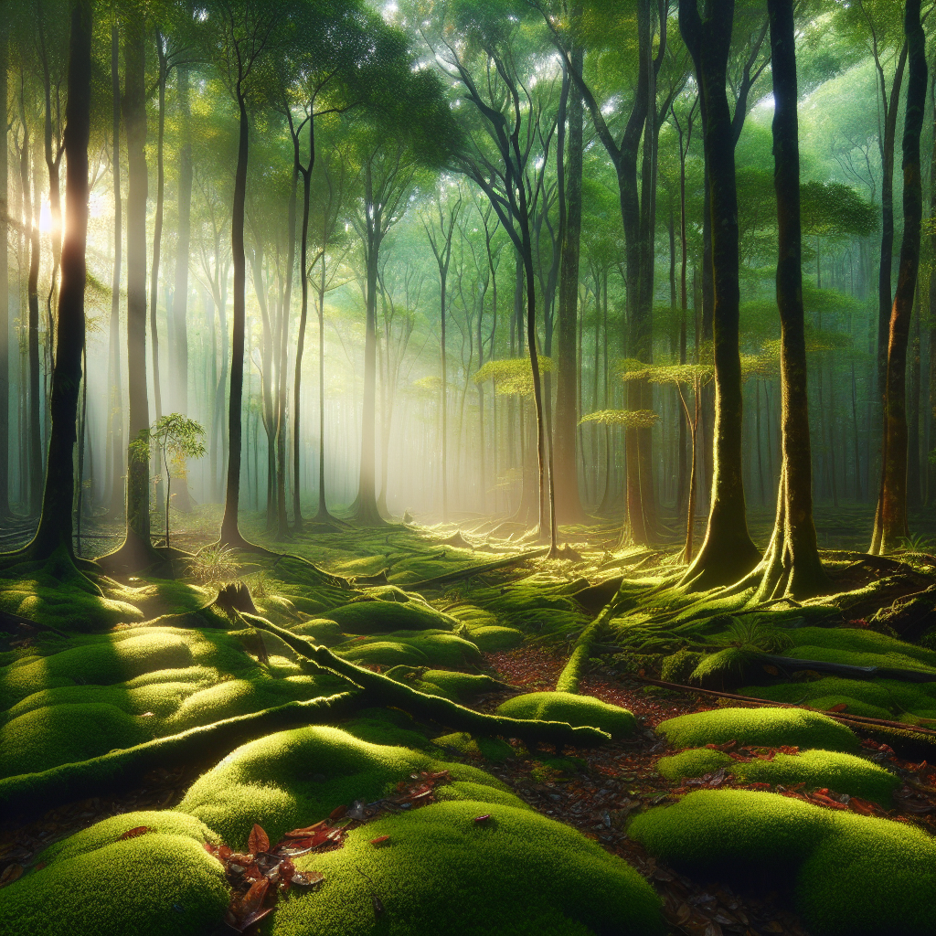 A tranquil forest scene in the early morning light, with sunlight filtering through tall, dense trees. The forest floor is covered in lush green moss and fallen leaves, with a gentle mist hovering in the air, inviting viewers into a calm and serene natural environment.
