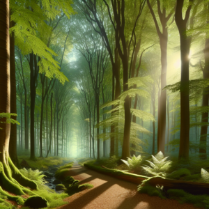 A serene forest scene depicting tall trees with sunlight filtering through their leaves, casting a gentle glow onto a winding path. The forest floor is covered with fallen leaves and ferns, illustrating a tranquil atmosphere perfect for immersing in nature's calm.