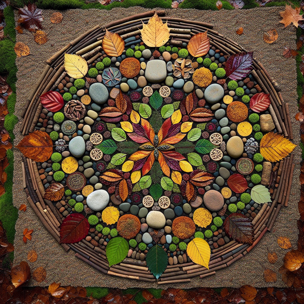 An intricate mandala made of colorful autumn leaves, pebbles, and twigs on a forest floor. The vibrant colors and natural materials arranged in a harmonious circular pattern underline the creativity and connection to nature inspired by Earth art.