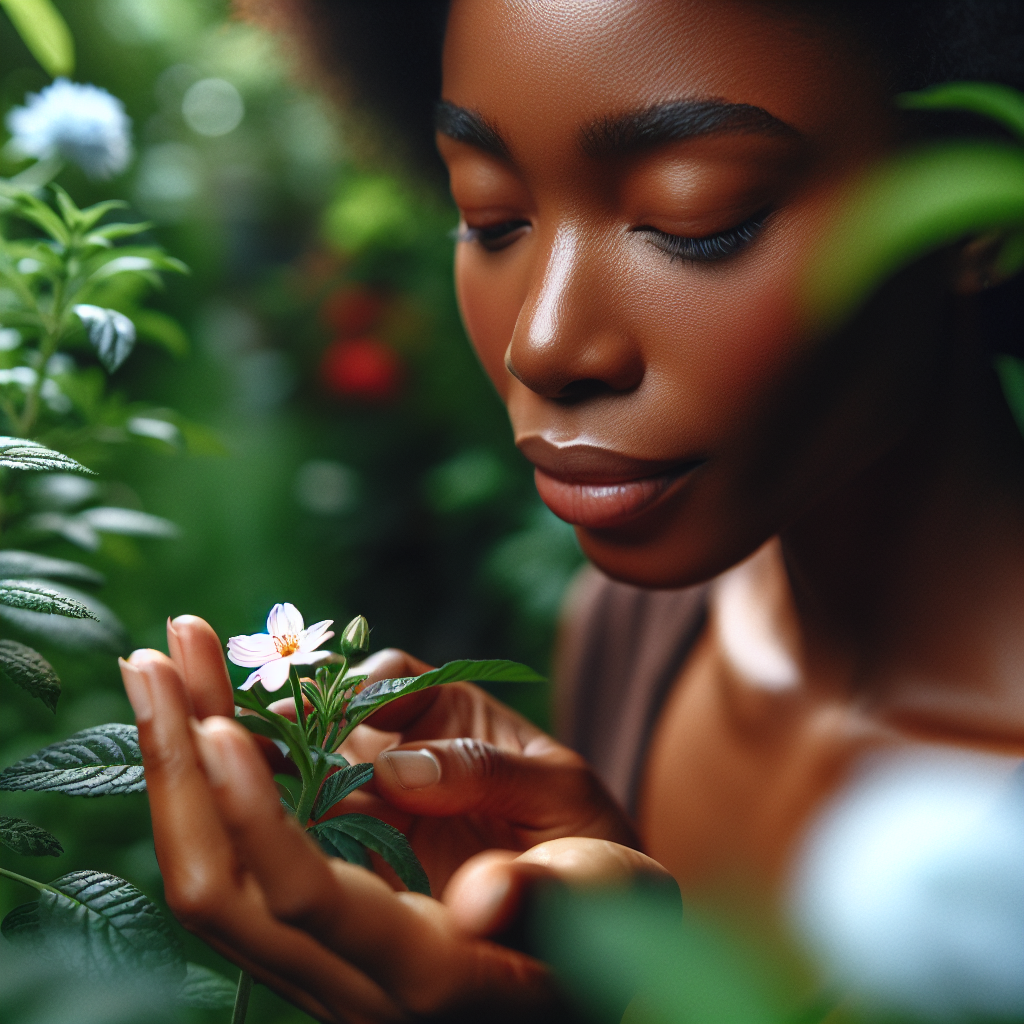 A close-up of hands gently tending to a blooming flower in a lush garden. The gardener's serene expression and focused attention on nurturing the plant reflect the meditative and calming nature of gardening, surrounded by the vibrancy of flourishing greenery.
