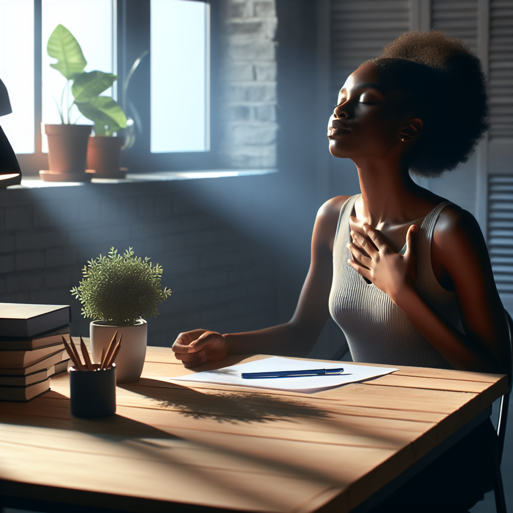 A serene image depicting a person sitting at a desk with eyes closed, taking a deep breath.