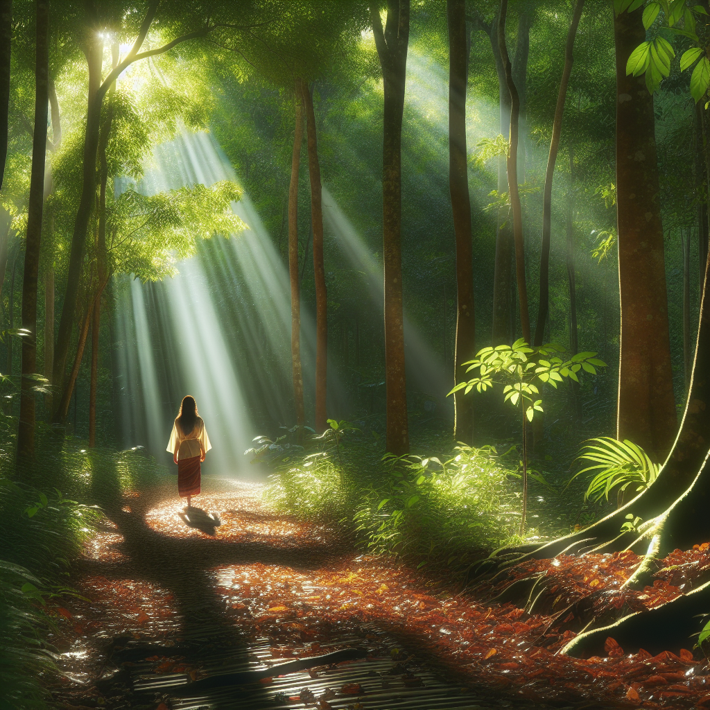 A tranquil scene of a dense, lush forest with sunbeams piercing through the canopy.