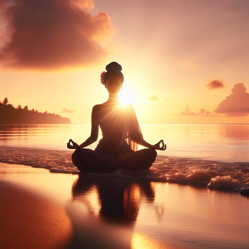 A serene scene of an individual meditating at sunrise