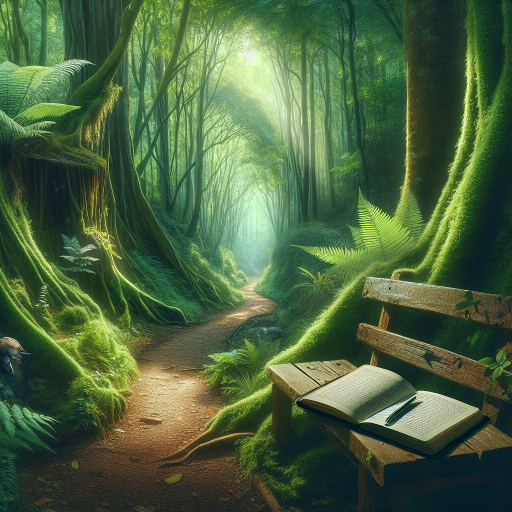 A lush forest path with sunlight filtering through the canopy