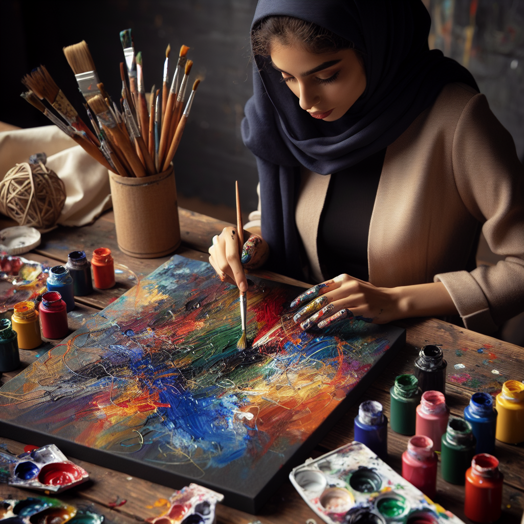 An array of vibrant paints and brushes