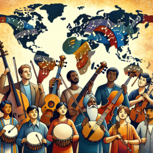 An illustration of a diverse group of people from different cultures and backgrounds holding various musical instruments, such as a sitar, drum, and violin, standing together in harmony. The background features a vibrant world map made of musical notes, symbolizing the universal reach of music across continents.