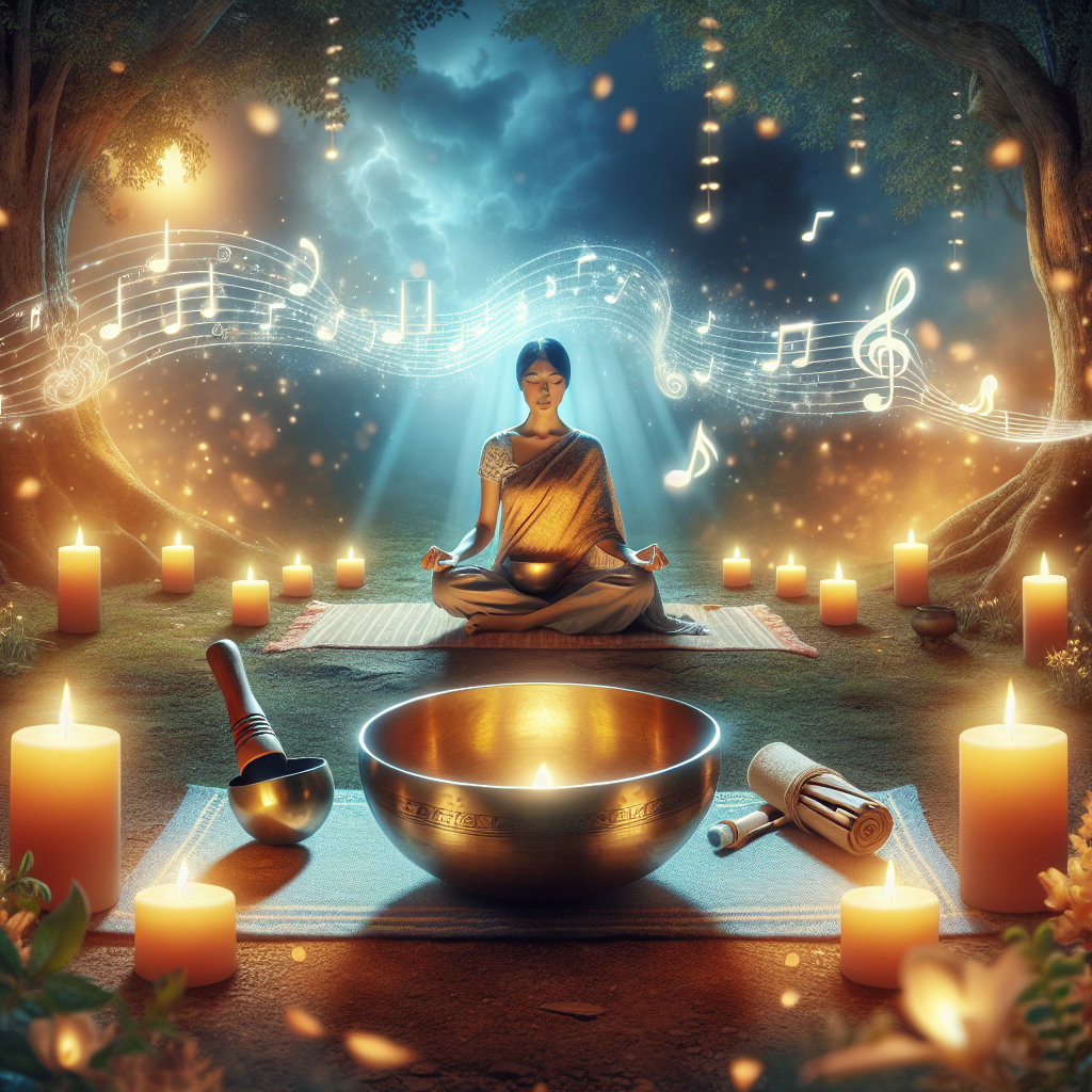 Serene scene with sound waves emanating from a singing bowl
