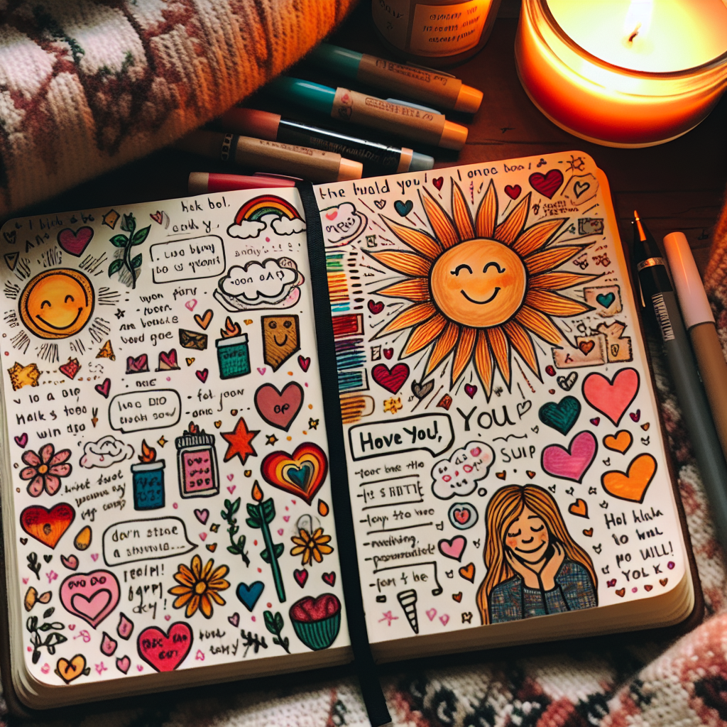 Gratitude Journaling: An inviting journal spread with doodles and colorful notes.