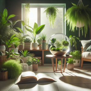 A vibrant and cozy living space filled with a variety of indoor plants such as succulents, peace lilies, and jade plants. The plants are strategically placed on the windowsill and around a sunlit reading nook, creating an inviting atmosphere that emphasizes natural beauty and tranquility.