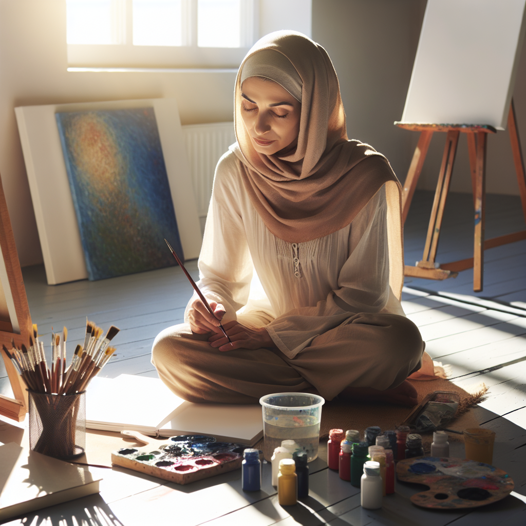 An artist sitting alone in a sunlit room surrounded by painting supplies, with blank canvases ready for inspiration. The serene expression on their face reflects deep focus, symbolizing the awakening of creativity through solitude.