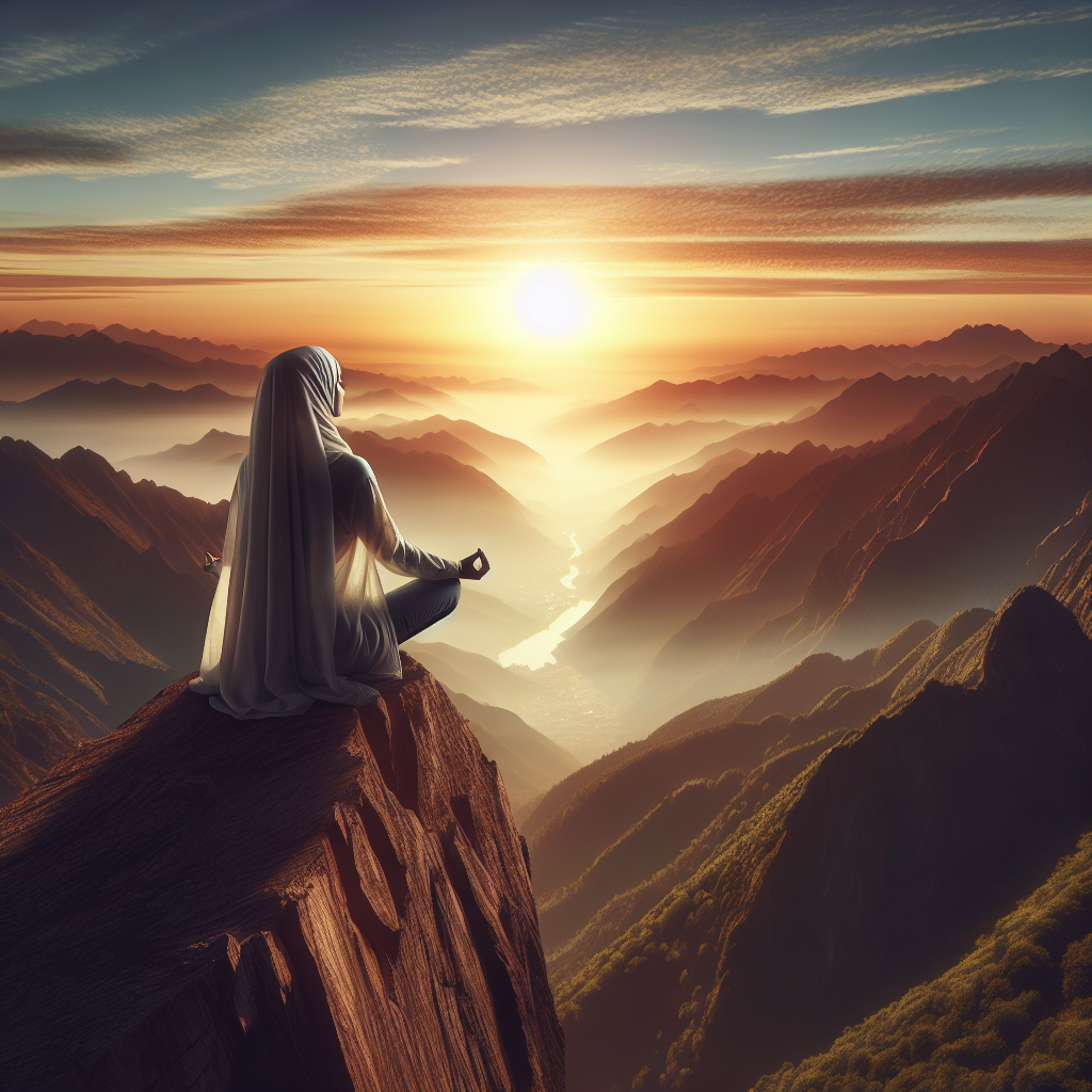 A peaceful nature scene depicting a person meditating on a mountaintop at sunrise. The vast, unobstructed view ahead represents mental clarity and the ability to gain a broader perspective, free from distractions.