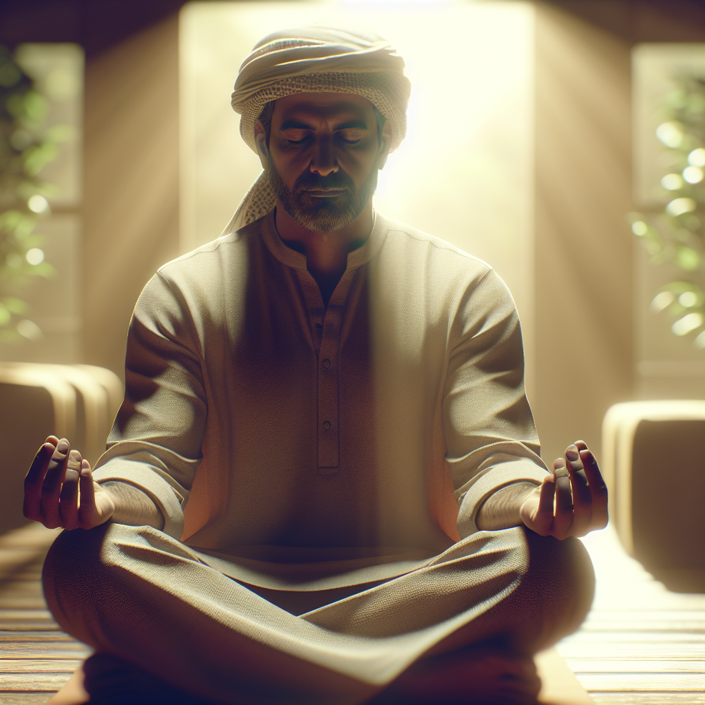 A serene scene of an individual meditating quietly in a tranquil setting, perhaps a peaceful garden or a calm room with subtle lighting, focusing on their breath with a gentle smile, conveying a sense of deep mindfulness and inner peace.