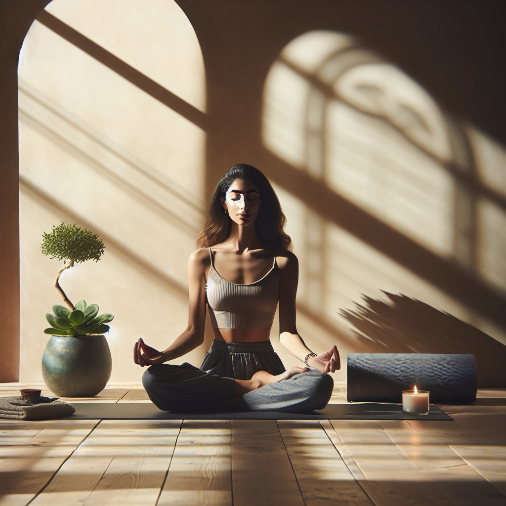 A serene setting with a person sitting cross-legged on a yoga mat, eyes closed, in a meditative posture. Soft sunlight filters through a nearby window, casting gentle shadows. A small potted plant and a candle are visible on a wooden floor, enhancing the tranquil atmosphere.