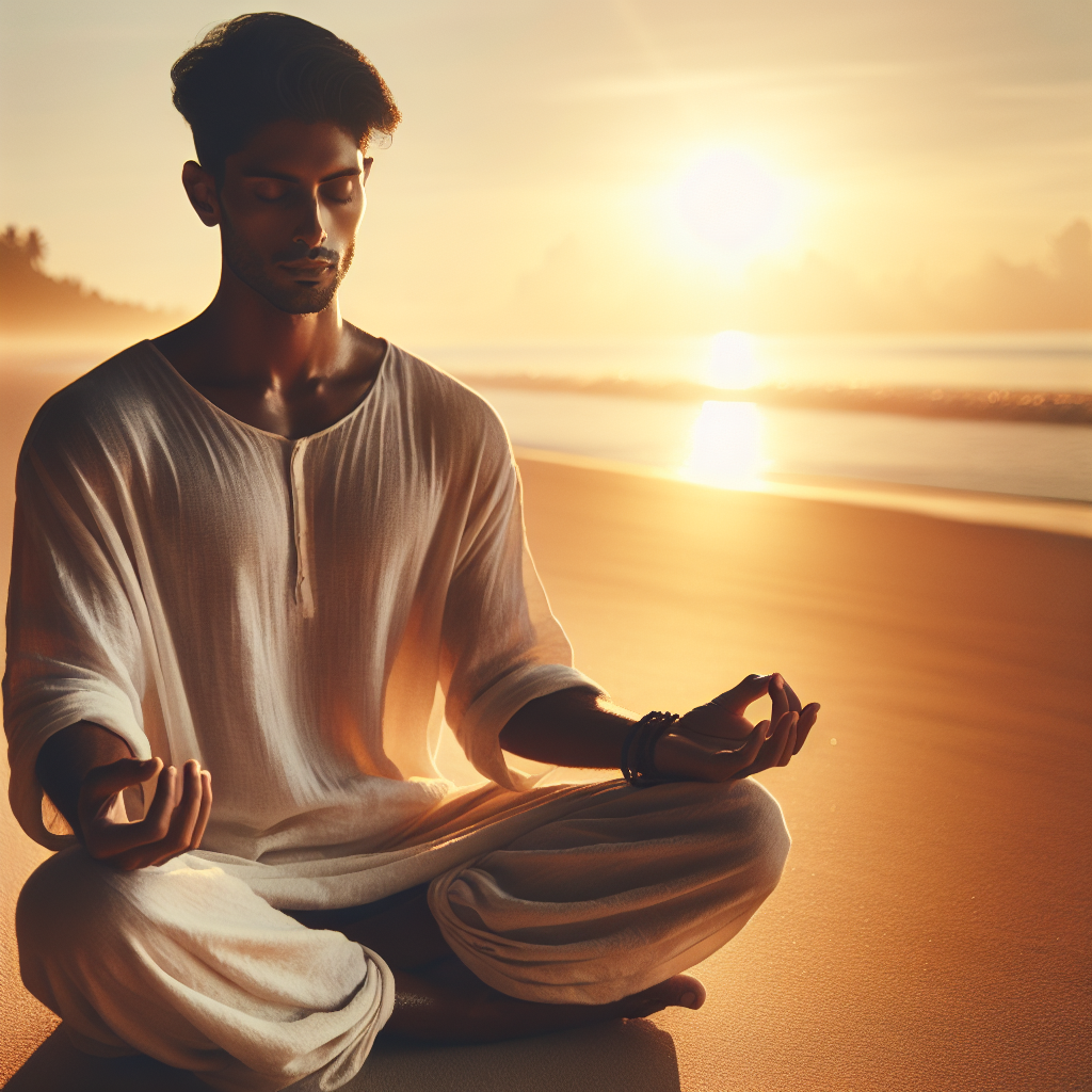 A serene scene of a person sitting cross-legged in meditation at sunrise on a beach, with soft golden light casting a tranquil atmosphere over the ocean. Their eyes are gently closed, hands resting on their knees, as they focus inward, symbolizing peace and self-awareness.