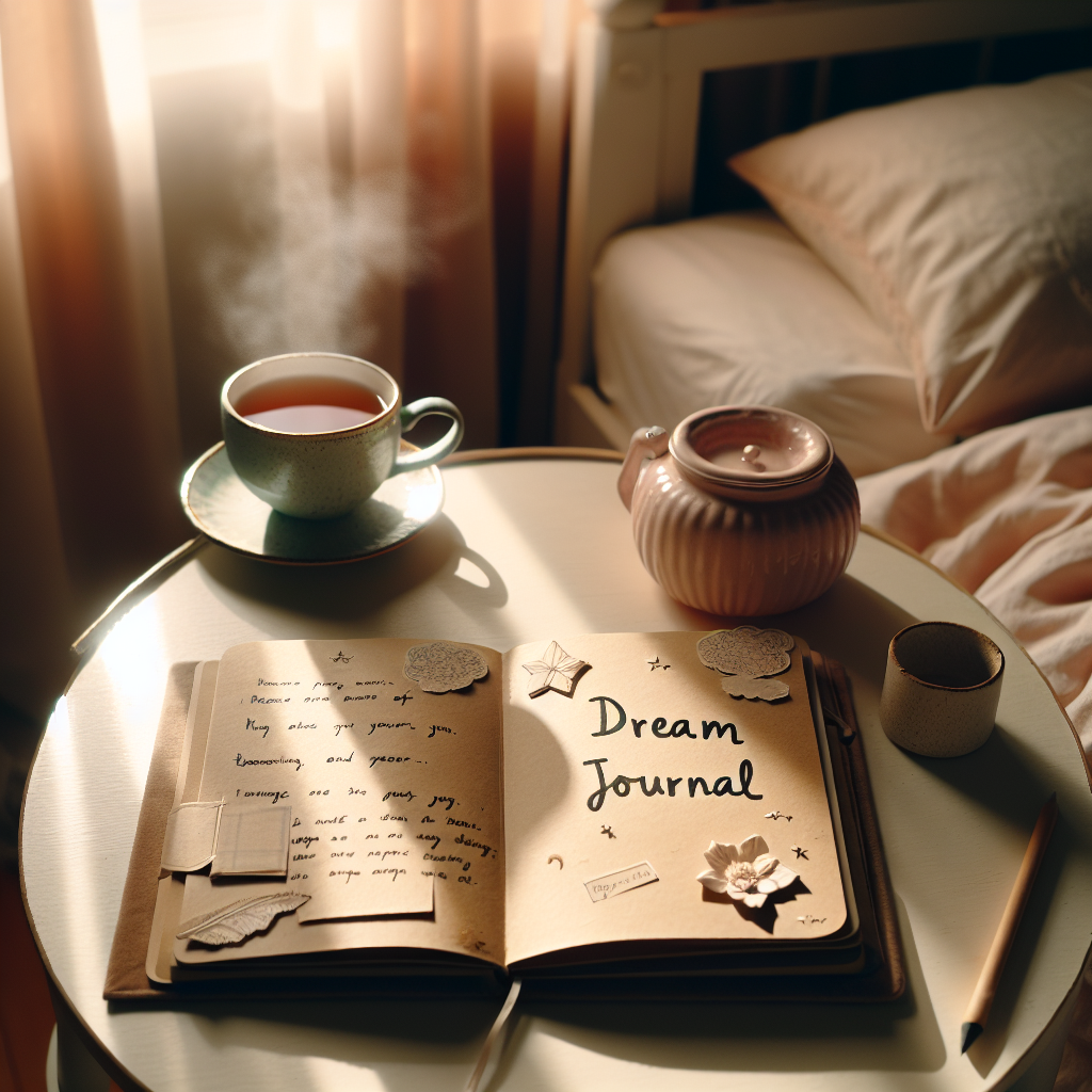 A cozy bedroom setting, bathed in the soft light of dawn, with a bedside table adorned with a dream journal. The journal is open with handwritten notes and doodles, next to a steaming cup of tea, emphasizing the tranquility of morning reflection and the process of capturing dream fragments.