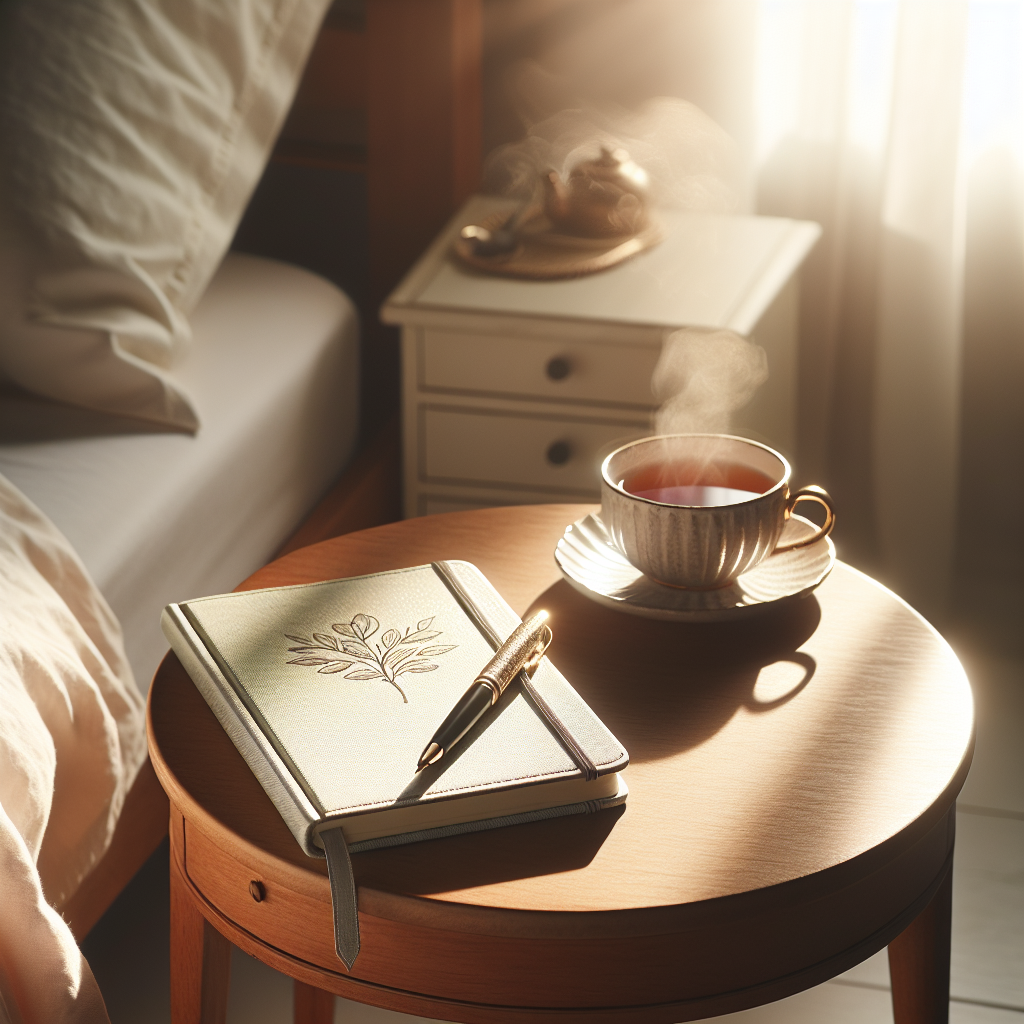 A serene image of a bedside table with a journal, an elegant pen resting on it, and a soft morning glow streaming through the window. There's a steaming cup of herbal tea beside the journal, hinting at a peaceful morning routine focused on gratitude and tranquility.