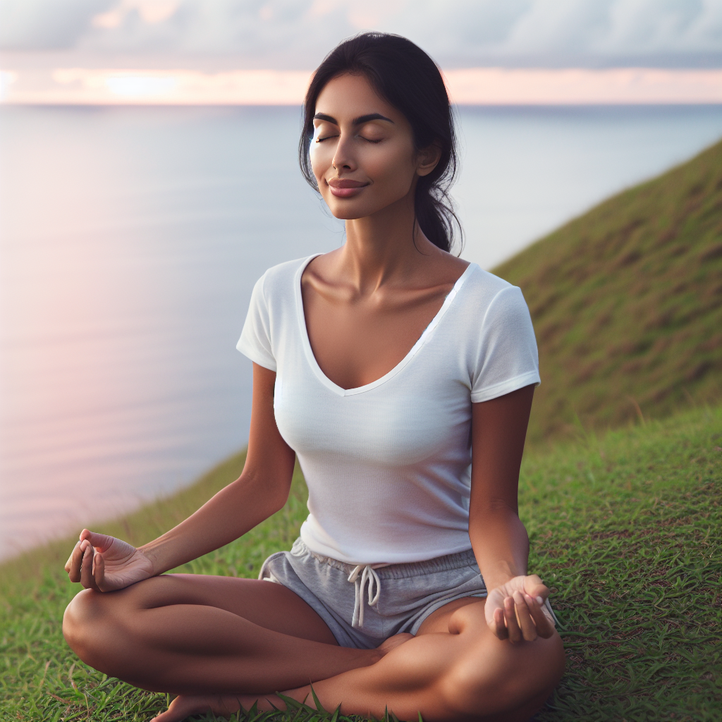 A serene image of a person sitting cross-legged on a grassy hillside overlooking a calm ocean. They have their eyes closed, with a gentle smile on their face, basking in the peacefulness of mindful breathing. The sky is a soft pink and orange hue, suggestive of early morning or sunset, enhancing the tranquil mood.