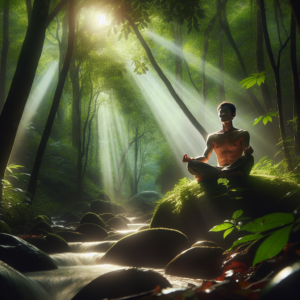A serene image of a person sitting cross-legged on a tranquil forest floor, eyes closed in meditation, surrounded by soft sunlight filtering through the trees. The image conveys peace and connection with nature, illustrating the essence of mindful meditation.