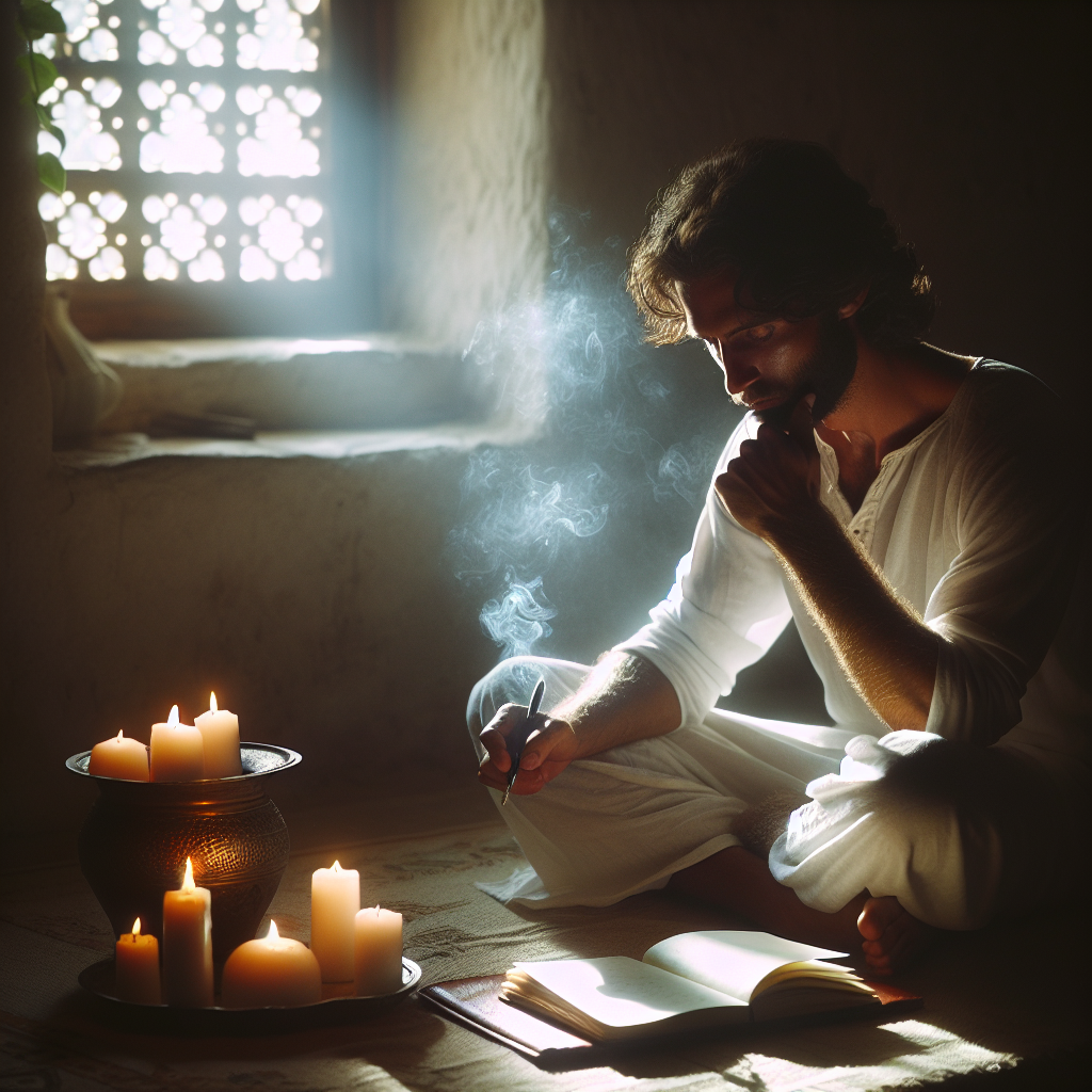 A serene image of a person sitting in a quiet room filled with soft light, surrounded by a few candles and a journal resting on their lap. The ambiance radiates tranquility, emphasizing introspection and the calmness that journaling can bring amidst life's chaos.